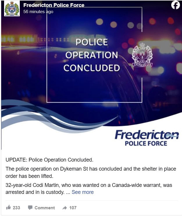 弗雷德里克(Fredericton）顿通缉犯被捕，隔离令解除