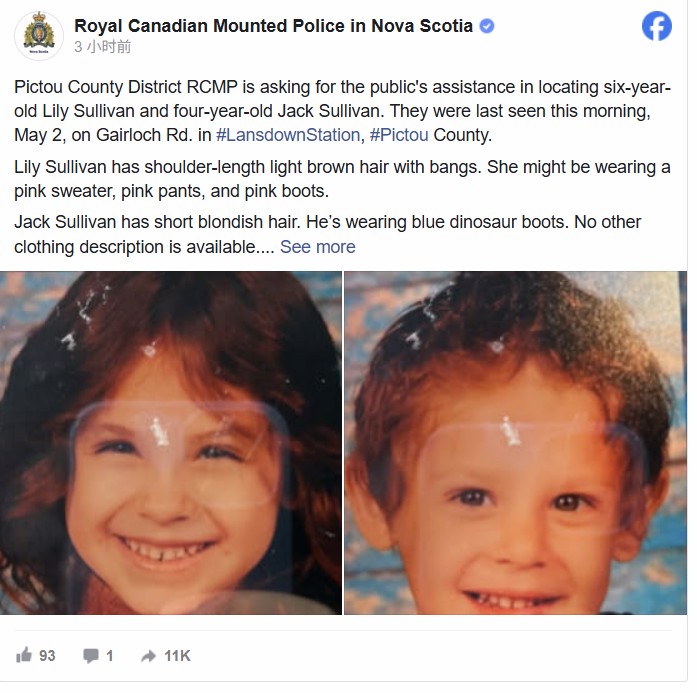 RCMP在皮克图县（Pictou County）搜寻失踪儿童