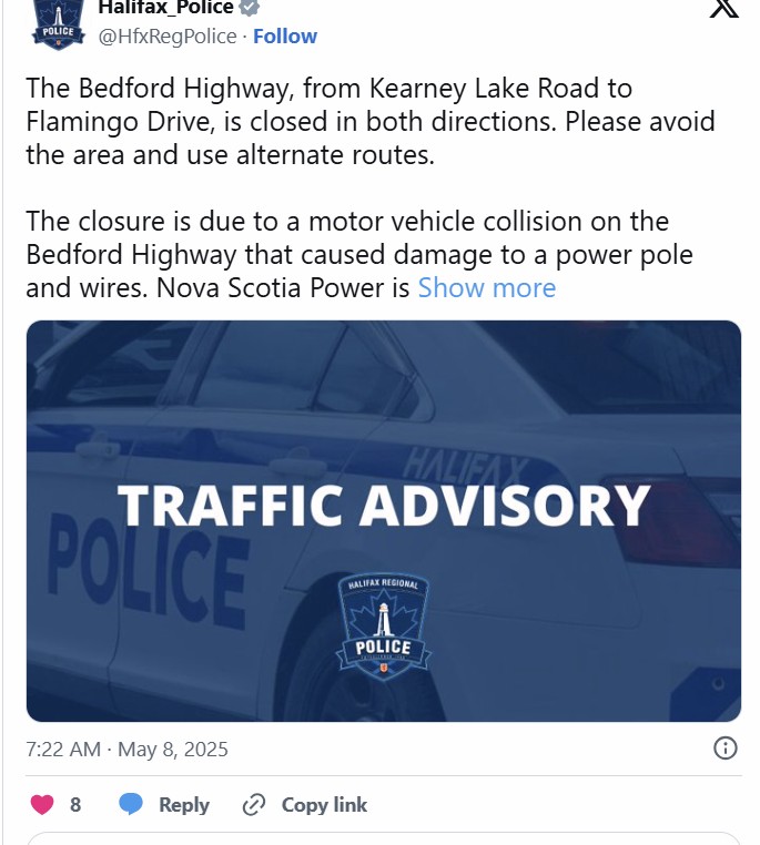 Halifax Kearney Lake周四早车祸致大规模停电及道路封闭